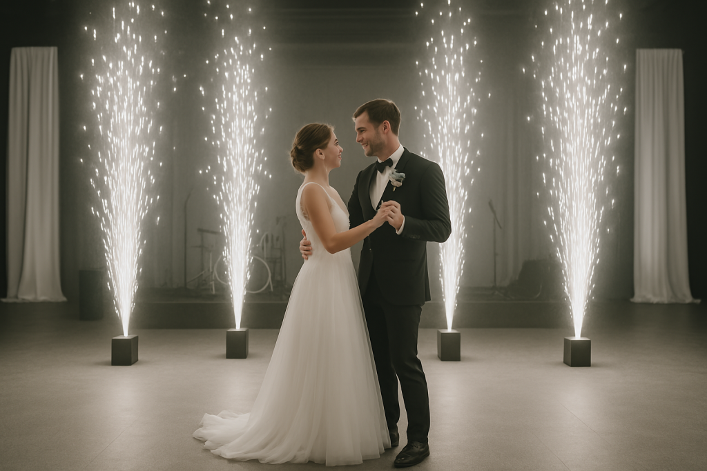 Feuerwerk : Brautpaar tanzt vor Sparkular-Effekten beim Hochzeitstanz in Augsburg