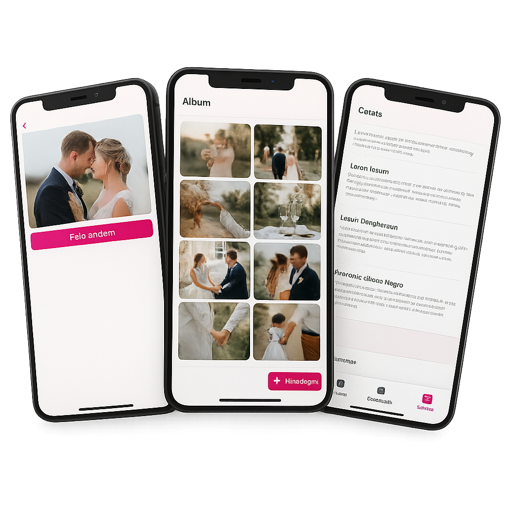 Drei Smartphones zeigen eine Hochzeitsfoto-App mit Galerie, QR-Code Upload und Nachrichtenbereich